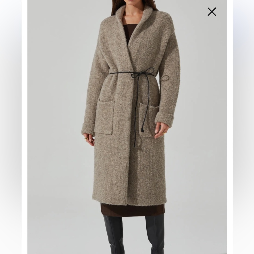 Astr Open-Front Long Cardigan with Leather String Belt